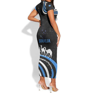 Somalia Short Sleeve Bodycon Dress with From Nomads to Nation Camel Galaxy Flag Spirit