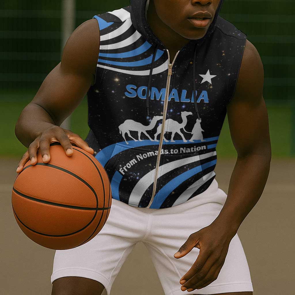 Somalia Sleeveless Zip Hoodie with From Nomads to Nation Camel Galaxy Flag Spirit - African Pride