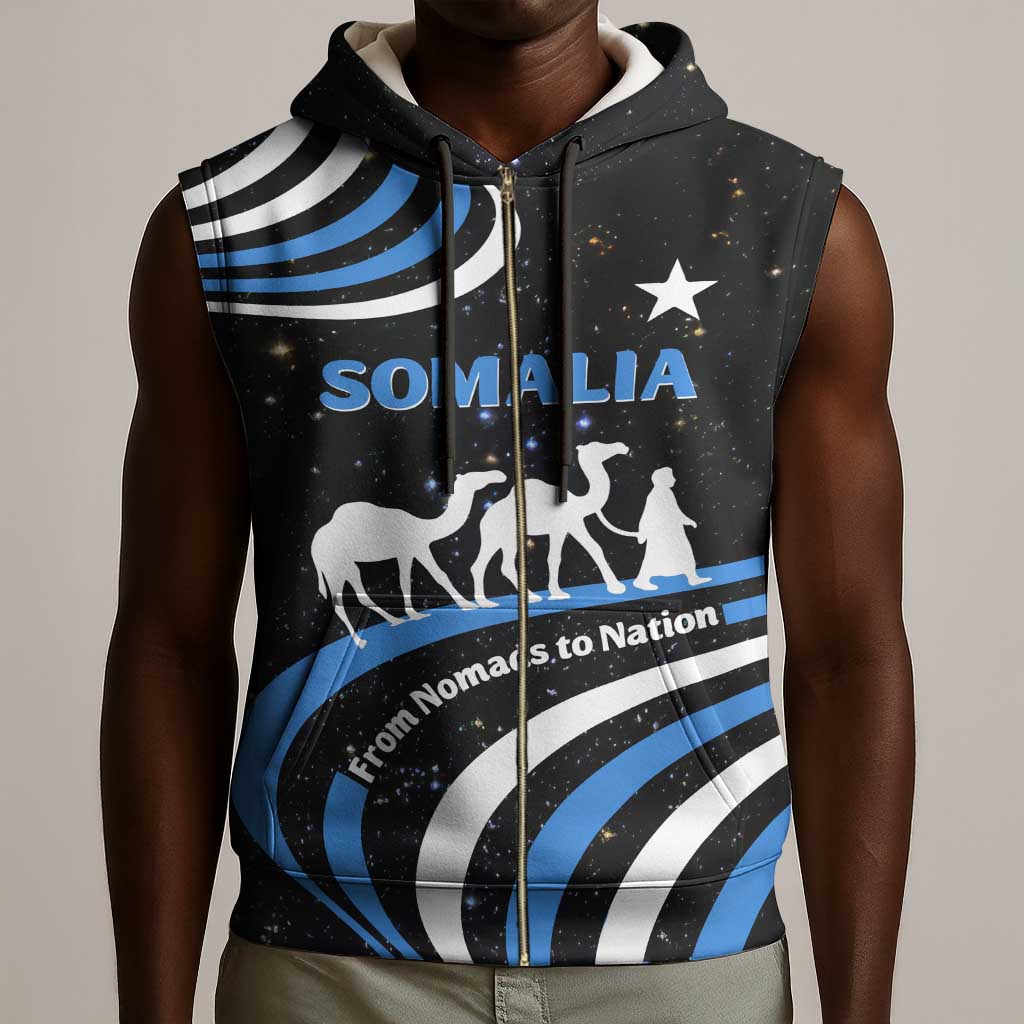 Somalia Sleeveless Zip Hoodie with From Nomads to Nation Camel Galaxy Flag Spirit - African Pride