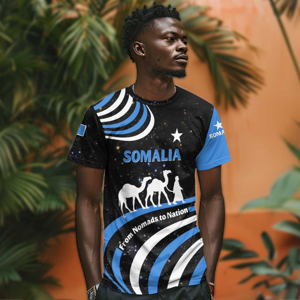 Somalia T shirt with From Nomads to Nation Camel Galaxy Flag Spirit