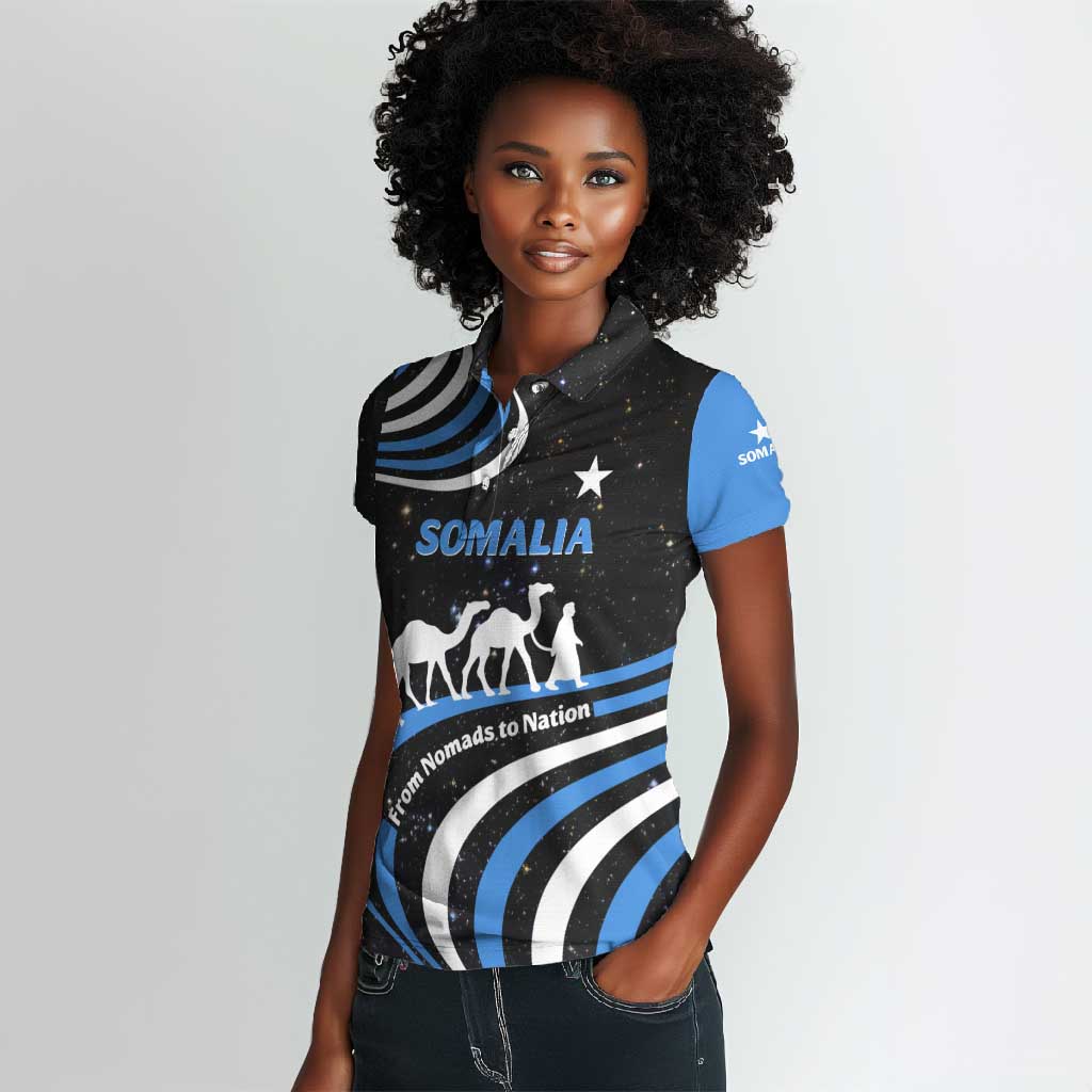Somalia Women Polo Shirt with From Nomads to Nation Camel Galaxy Flag Spirit
