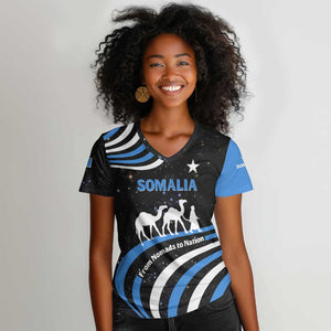 Somalia Women V-Neck T-Shirt with From Nomads to Nation Camel Galaxy Flag Spirit