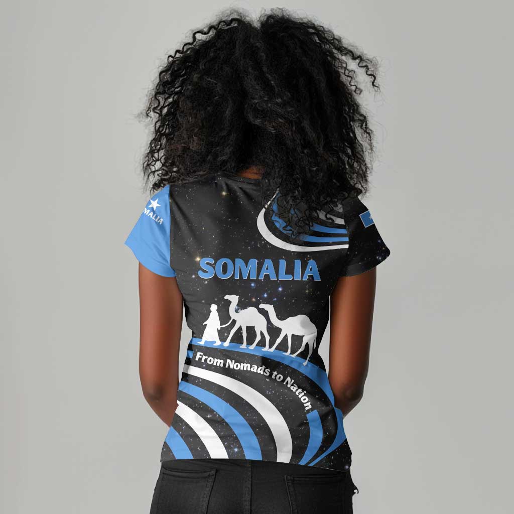 Somalia Women V-Neck T-Shirt with From Nomads to Nation Camel Galaxy Flag Spirit