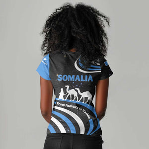 Somalia Women V-Neck T-Shirt with From Nomads to Nation Camel Galaxy Flag Spirit