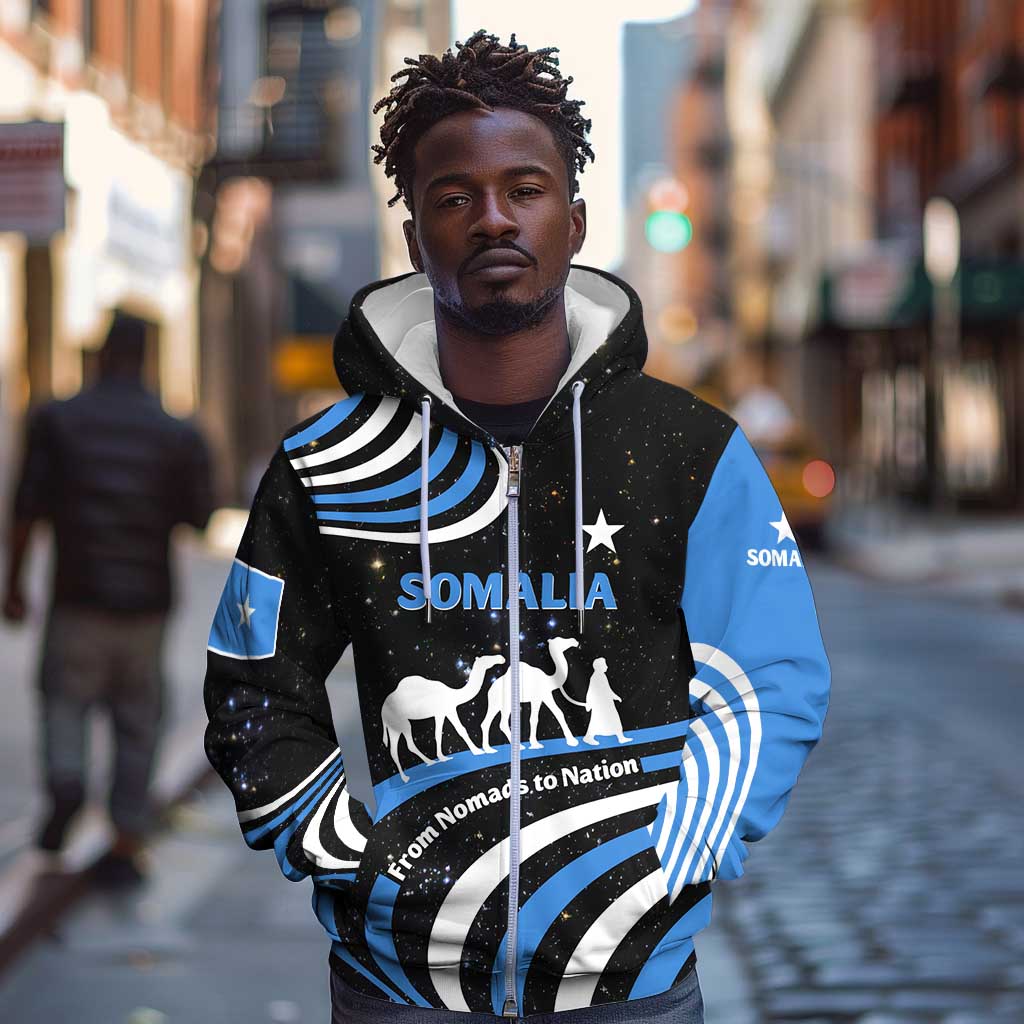 Somalia Zip Hoodie with From Nomads to Nation Camel Galaxy Flag Spirit