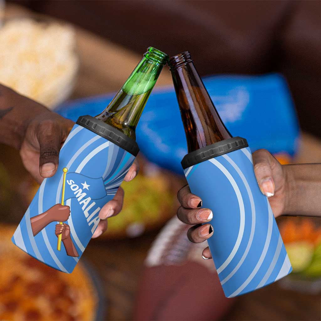 Somalia 4 in 1 Can Cooler Tumbler with Raised Fist Flag Blue Unity Wave Spirit