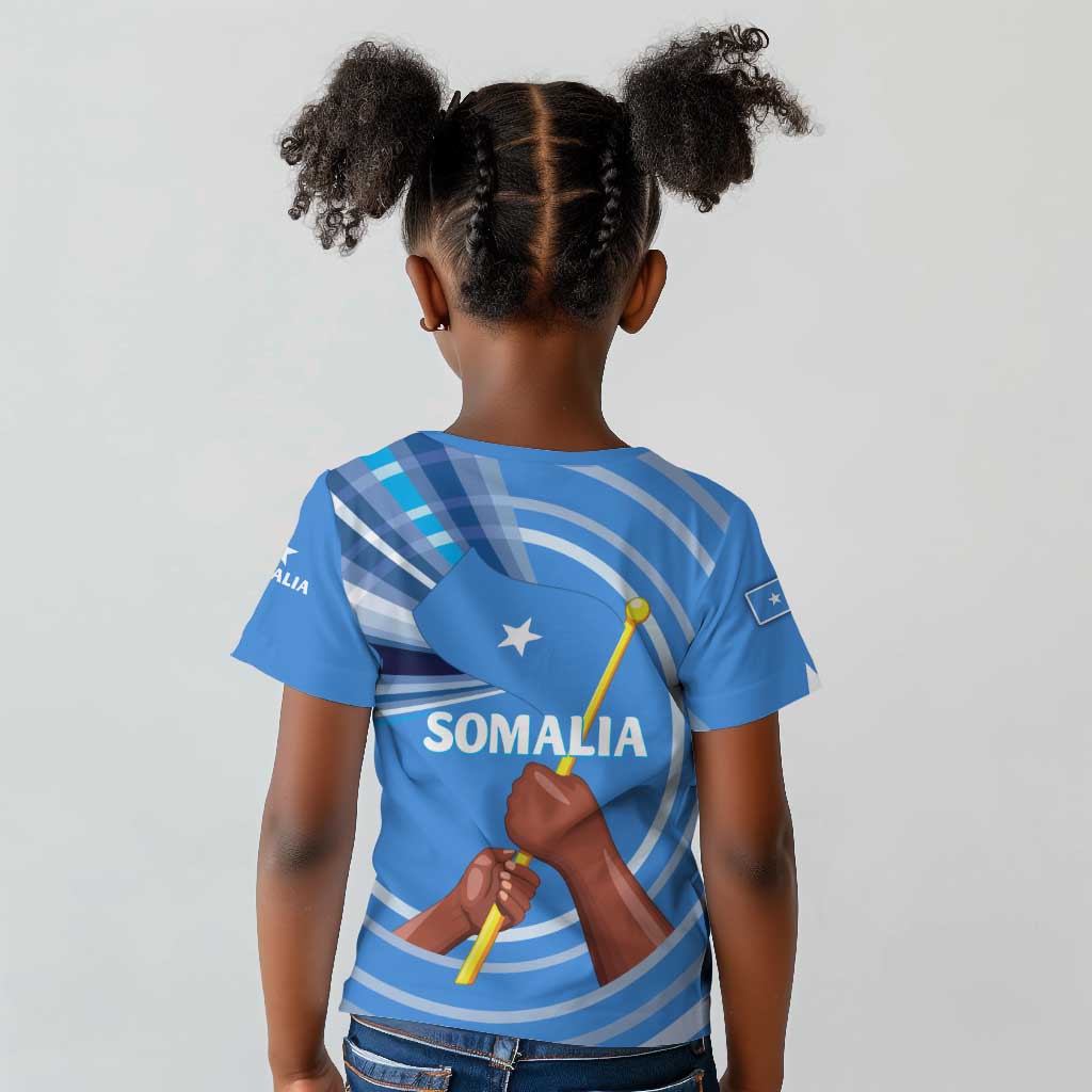 Somalia Kid T shirt with Raised Fist Flag Blue Unity Wave Spirit