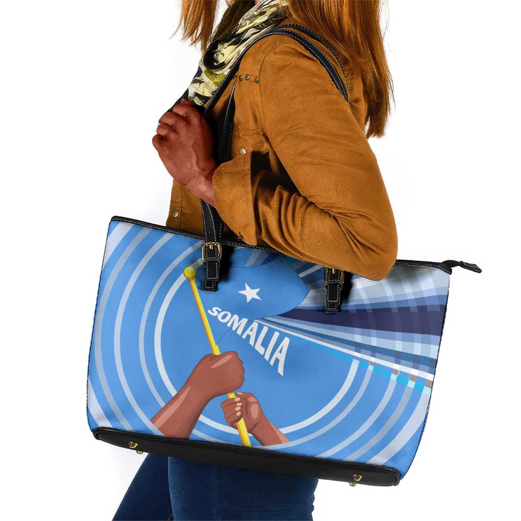 Somalia Leather Tote Bag with Raised Fist Flag Blue Unity Wave Spirit