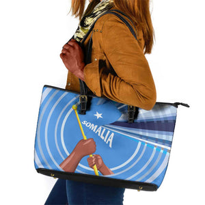 Somalia Leather Tote Bag with Raised Fist Flag Blue Unity Wave Spirit