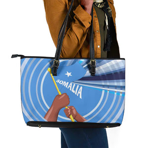 Somalia Leather Tote Bag with Raised Fist Flag Blue Unity Wave Spirit