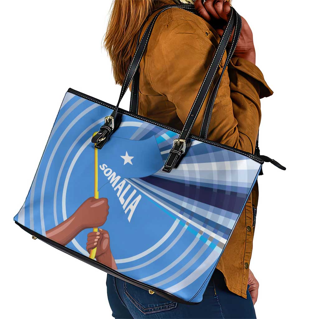 Somalia Leather Tote Bag with Raised Fist Flag Blue Unity Wave Spirit