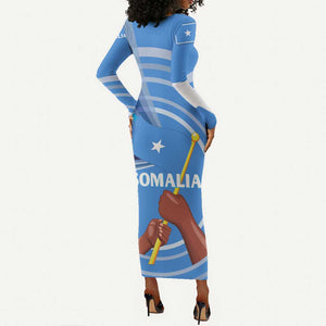 Somalia Long Sleeve Bodycon Dress with Raised Fist Flag Blue Unity Wave Spirit