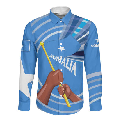 Somalia Long Sleeve Button Shirt with Raised Fist Flag Blue Unity Wave Spirit