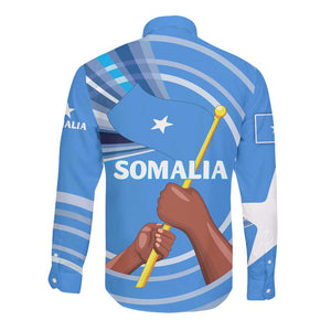 Somalia Long Sleeve Button Shirt with Raised Fist Flag Blue Unity Wave Spirit