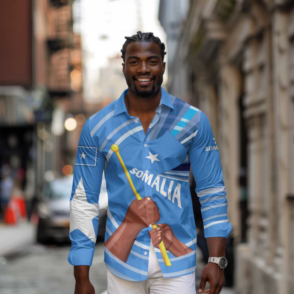 Somalia Long Sleeve Button Shirt with Raised Fist Flag Blue Unity Wave Spirit