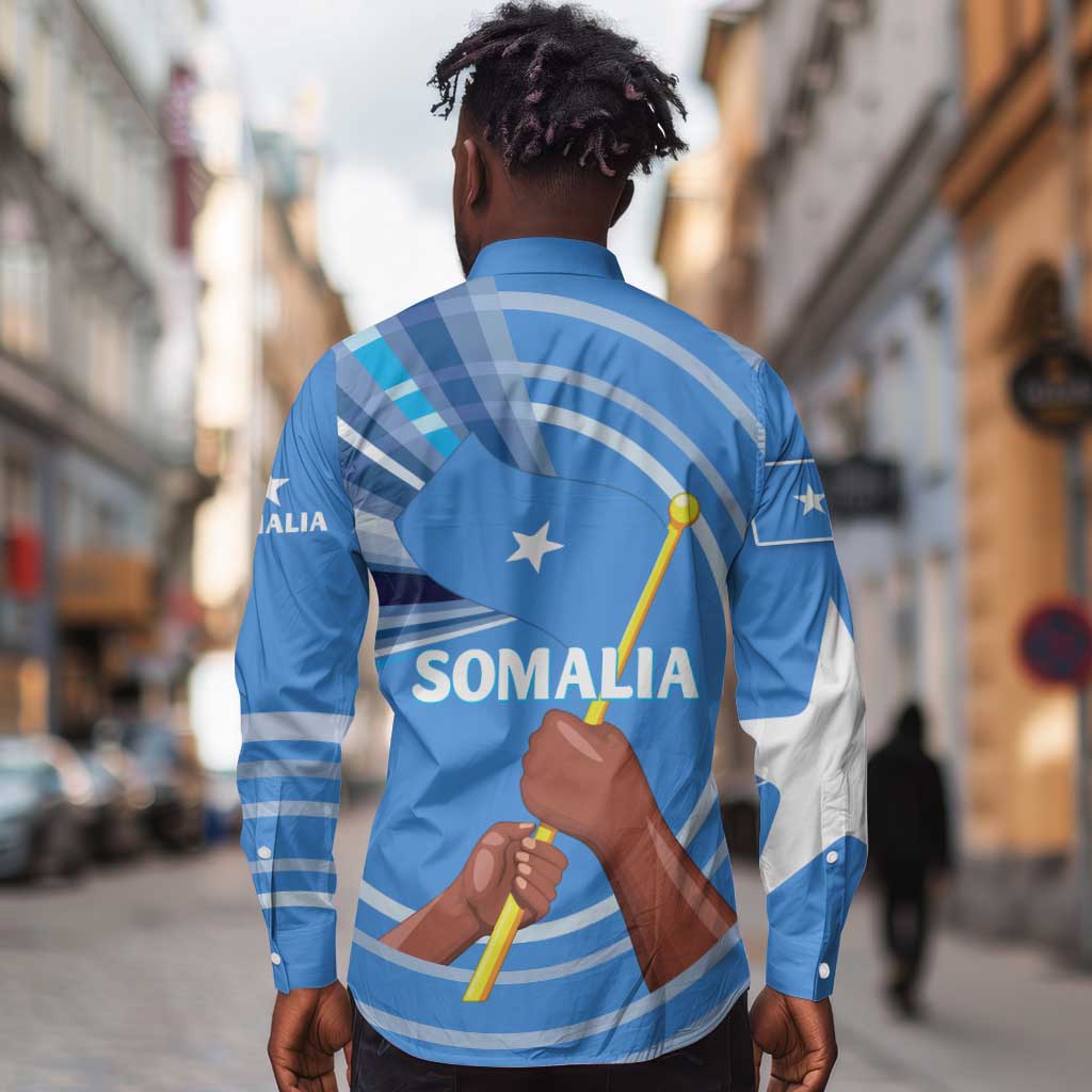 Somalia Long Sleeve Button Shirt with Raised Fist Flag Blue Unity Wave Spirit