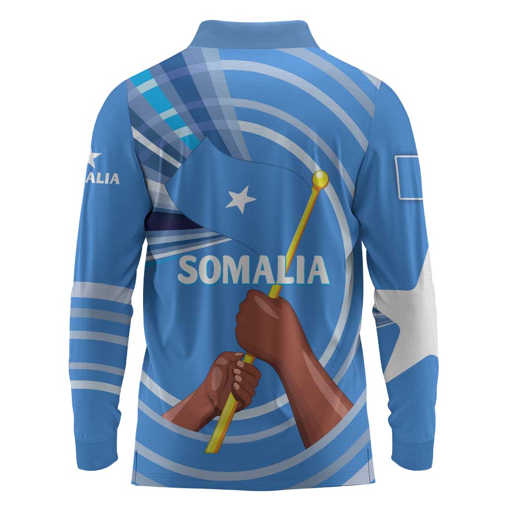 Somalia Long Sleeve Polo Shirt with Raised Fist Flag Blue Unity Wave Spirit