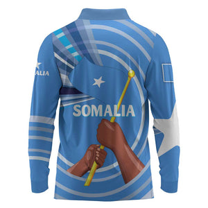 Somalia Long Sleeve Polo Shirt with Raised Fist Flag Blue Unity Wave Spirit
