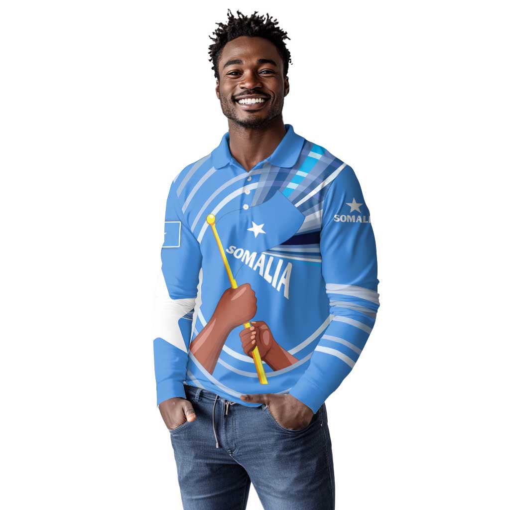 Somalia Long Sleeve Polo Shirt with Raised Fist Flag Blue Unity Wave Spirit