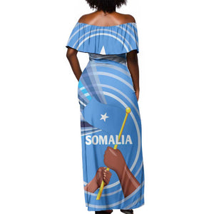 Somalia Off Shoulder Maxi Dress with Raised Fist Flag Blue Unity Wave Spirit