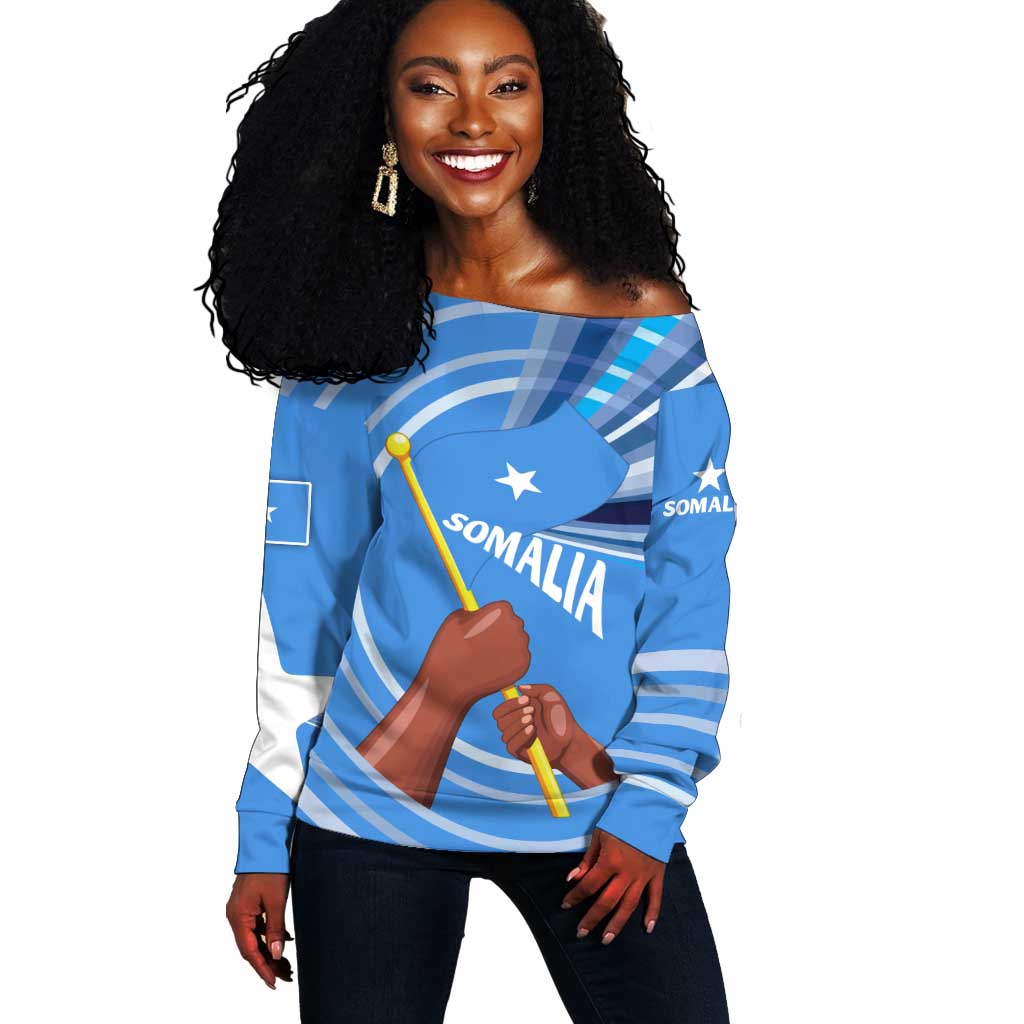 Somalia Off Shoulder Sweater with Raised Fist Flag Blue Unity Wave Spirit