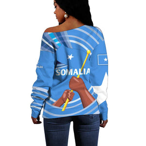 Somalia Off Shoulder Sweater with Raised Fist Flag Blue Unity Wave Spirit