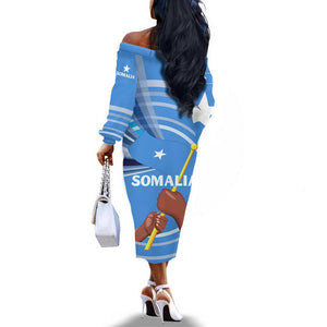 Somalia Off The Shoulder Long Sleeve Dress with Raised Fist Flag Blue Unity Wave Spirit