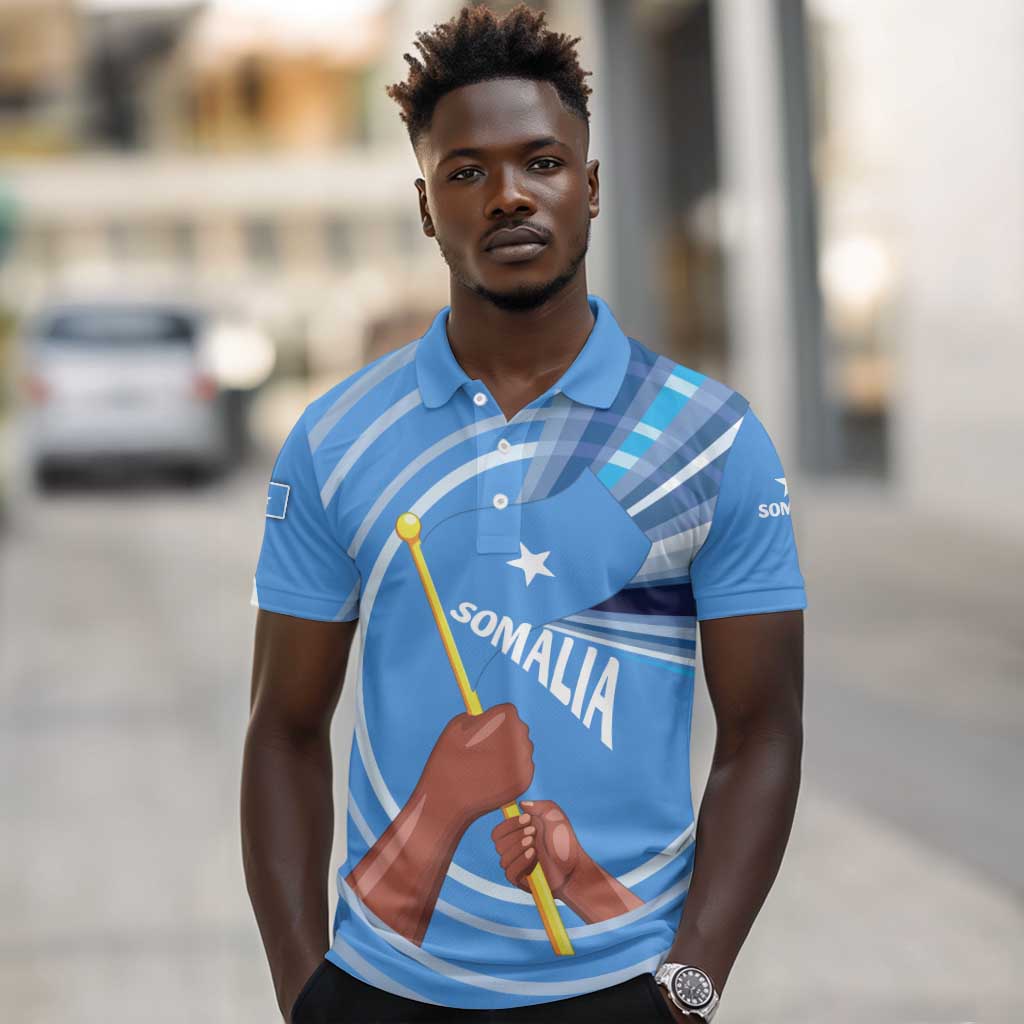 Somalia Polo Shirt with Raised Fist Flag Blue Unity Wave Spirit