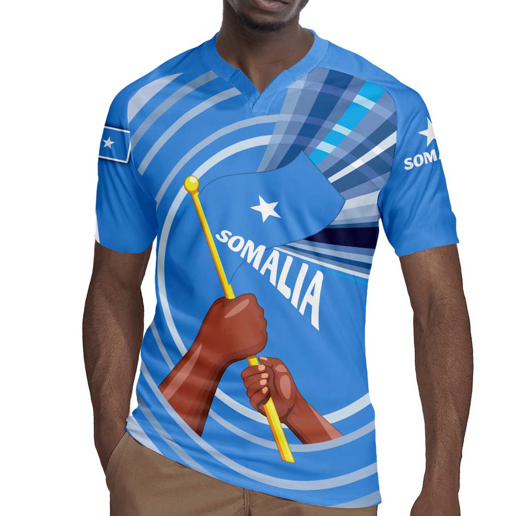 Somalia Rugby Jersey with Raised Fist Flag Blue Unity Wave Spirit