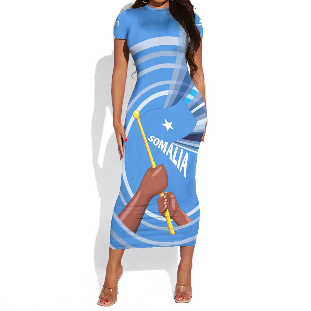 Somalia Short Sleeve Bodycon Dress with Raised Fist Flag Blue Unity Wave Spirit