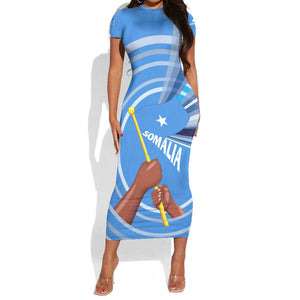 Somalia Short Sleeve Bodycon Dress with Raised Fist Flag Blue Unity Wave Spirit