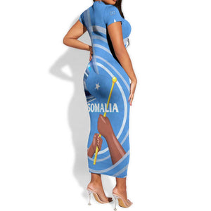 Somalia Short Sleeve Bodycon Dress with Raised Fist Flag Blue Unity Wave Spirit