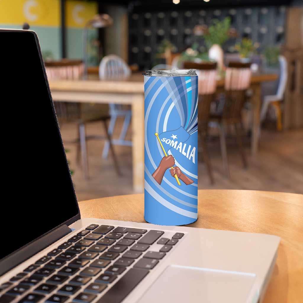 Somalia Skinny Tumbler with Raised Fist Flag Blue Unity Wave Spirit