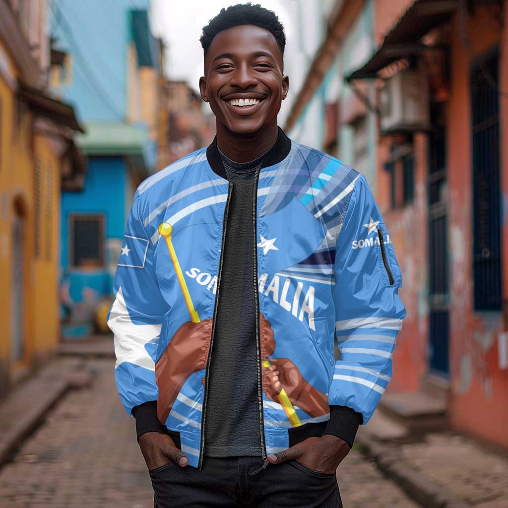 Somalia Sleeve Zip Bomber Jacket with Raised Fist Flag Blue Unity Wave Spirit
