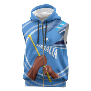 Somalia Sleeveless Zip Hoodie with Raised Fist Flag Blue Unity Wave Spirit - African Pride