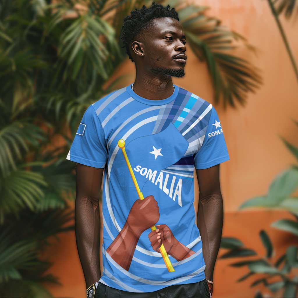 Somalia T shirt with Raised Fist Flag Blue Unity Wave Spirit