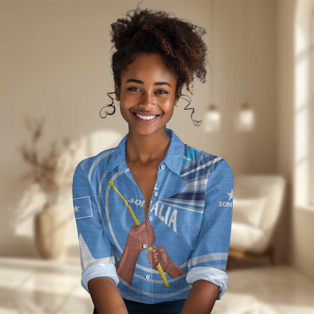 Somalia Women Casual Shirt with Raised Fist Flag Blue Unity Wave Spirit