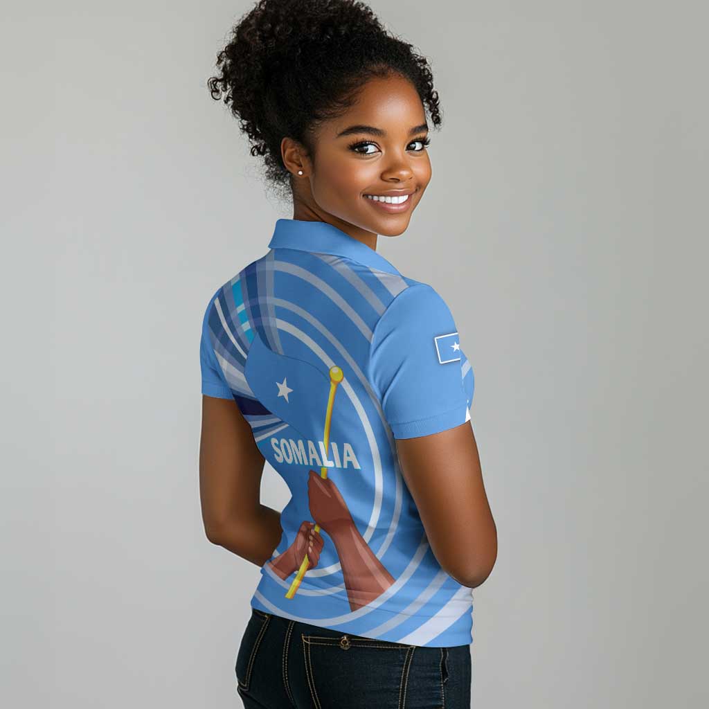 Somalia Women Polo Shirt with Raised Fist Flag Blue Unity Wave Spirit