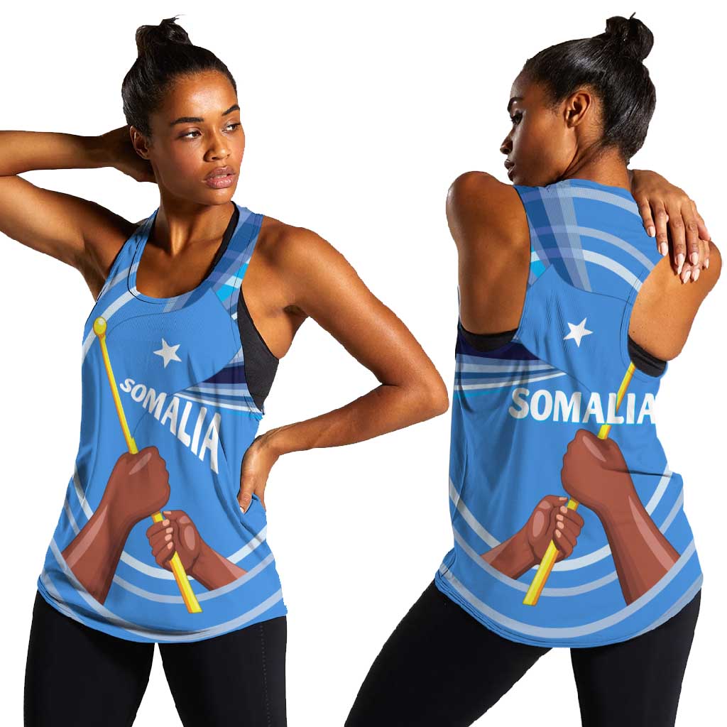 Somalia Women Racerback Tank with Raised Fist Flag Blue Unity Wave Spirit