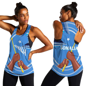 Somalia Women Racerback Tank with Raised Fist Flag Blue Unity Wave Spirit