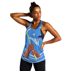 Somalia Women Racerback Tank with Raised Fist Flag Blue Unity Wave Spirit