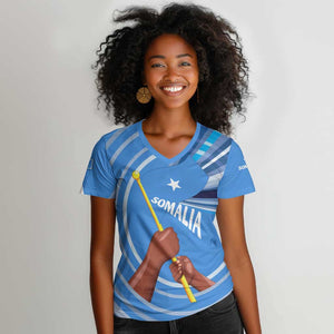 Somalia Women V-Neck T-Shirt with Raised Fist Flag Blue Unity Wave Spirit