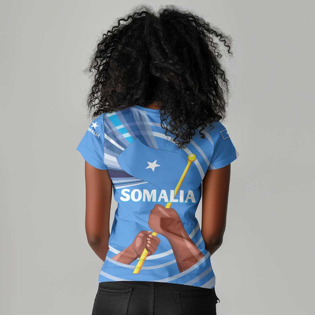 Somalia Women V-Neck T-Shirt with Raised Fist Flag Blue Unity Wave Spirit