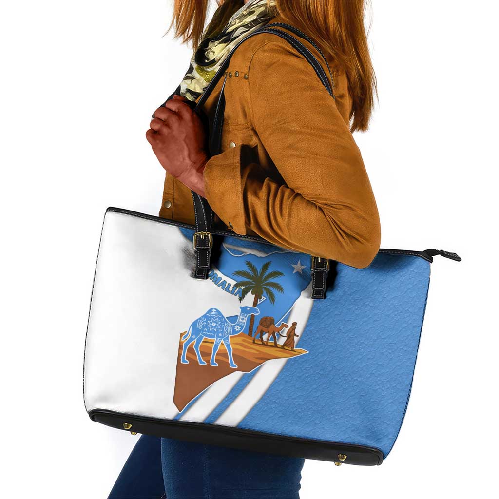 Somalia Leather Tote Bag with Camel Desert Map Palm Tree Heritage Spirit