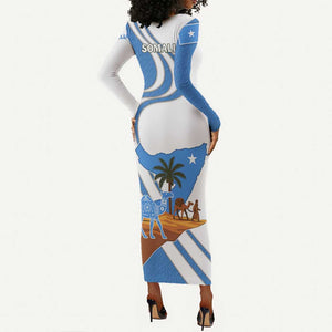 Somalia Long Sleeve Bodycon Dress with Camel Desert Map Palm Tree Heritage Spirit