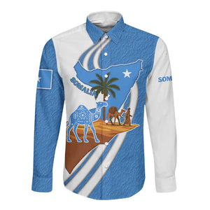 Somalia Long Sleeve Button Shirt with Camel Desert Map Palm Tree Heritage Spirit