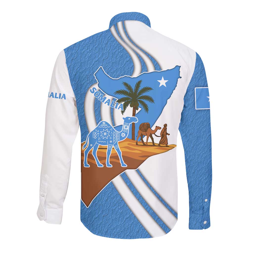 Somalia Long Sleeve Button Shirt with Camel Desert Map Palm Tree Heritage Spirit