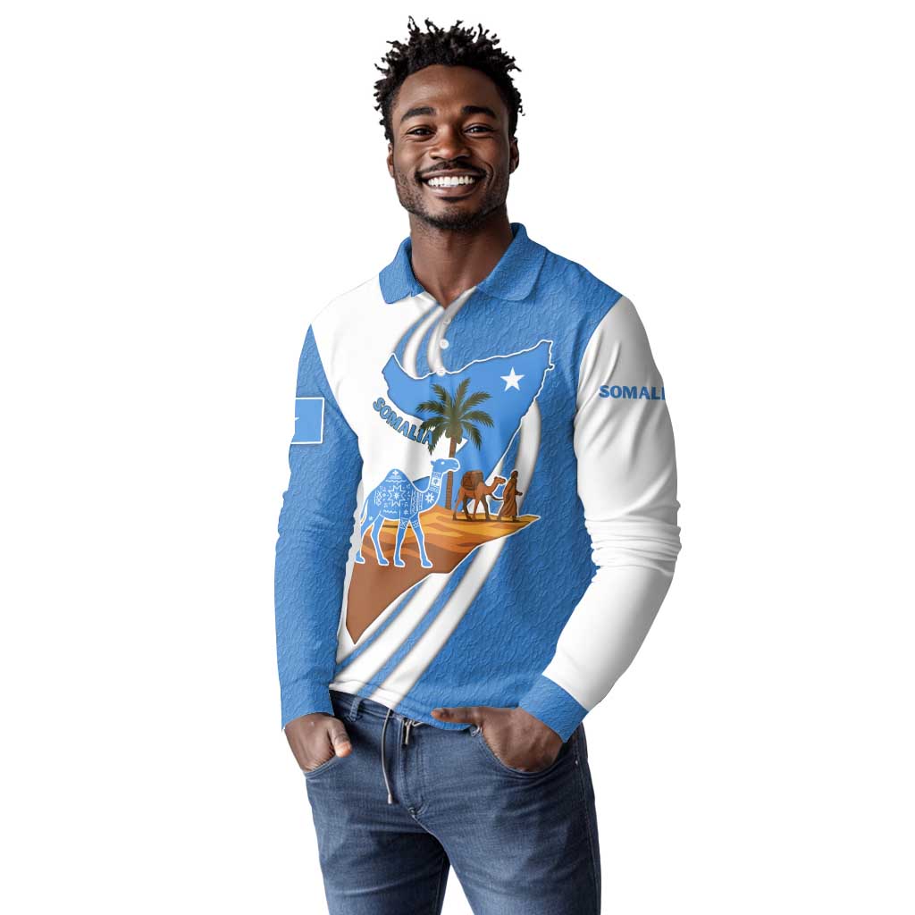 Somalia Long Sleeve Polo Shirt with Camel Desert Map Palm Tree Heritage Spirit