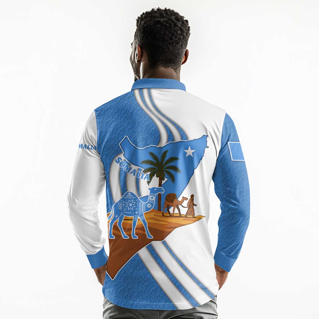 Somalia Long Sleeve Polo Shirt with Camel Desert Map Palm Tree Heritage Spirit