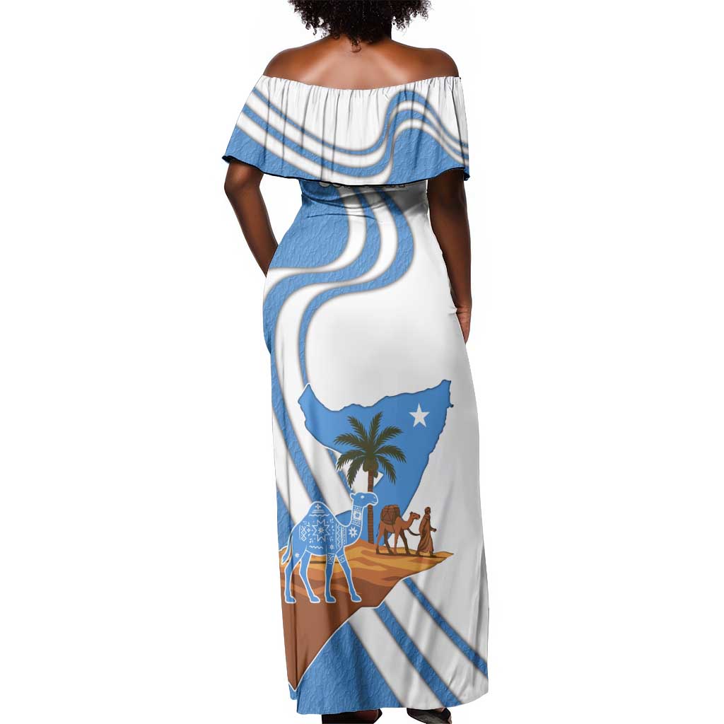 Somalia Off Shoulder Maxi Dress with Camel Desert Map Palm Tree Heritage Spirit